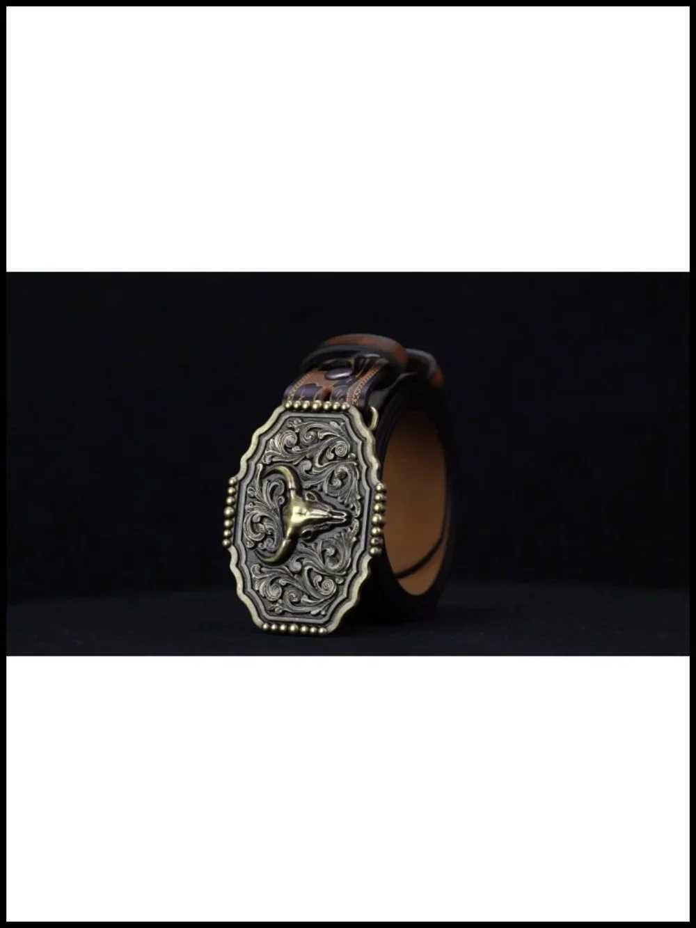 Western Cowboy Belt with Bull Horn Engraved Buckle